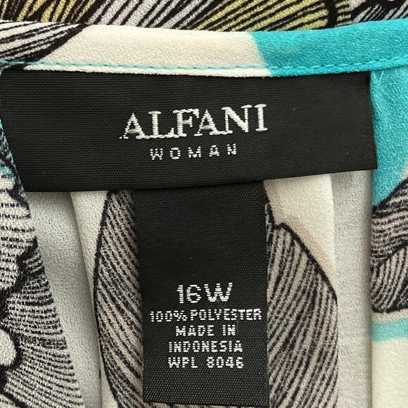 Alfani 16W Turquoise Blue Floral Chiffon Pleated Detail V-Neck Blouse Plus 1X‎ - Picture 3 of 3